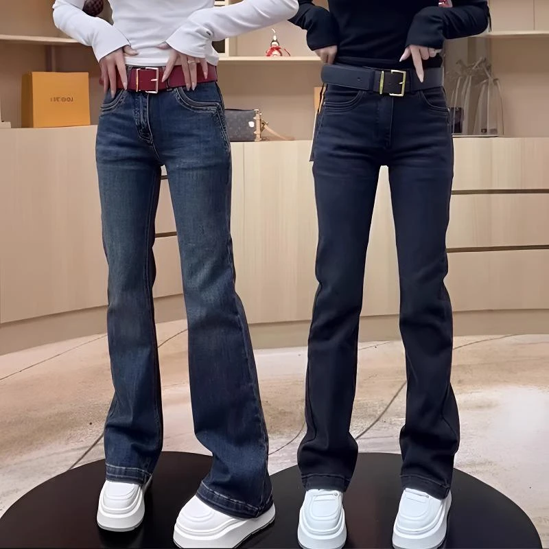 2025秋冬加绒弹力显瘦直筒微喇牛仔裤子女大码加厚修身窄版马蹄裤