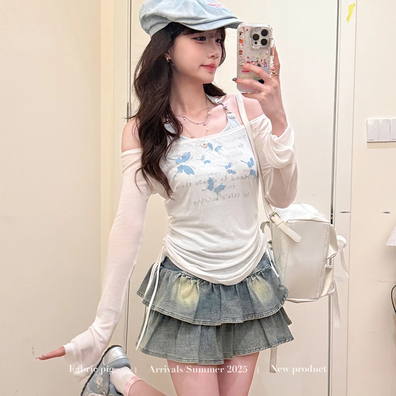 露水薄荷 织物猪原创 甜欲风挂脖吊带一字肩上衣女夏牛仔短裙三件