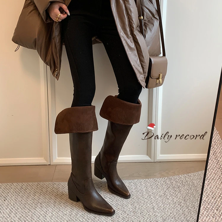 牛皮~6cm时尚街拍爆款粗跟高跟过膝骑士长筒靴两穿及膝靴气质百搭