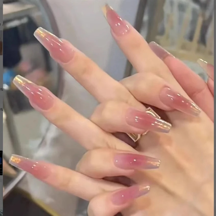 裸粉色渐变穿戴甲高级感手工美甲预制甲片小红书优雅梯形假指甲片