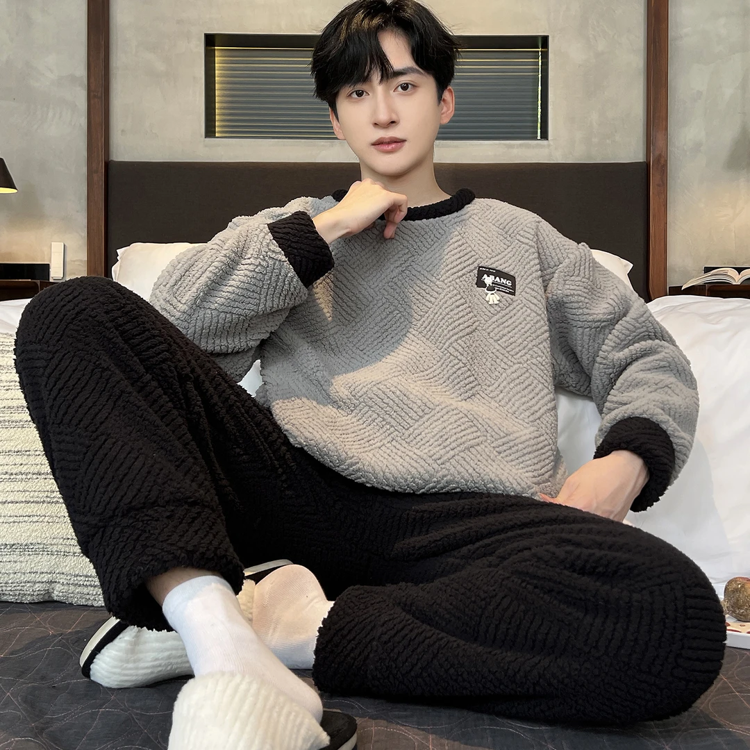 珊瑚绒男士睡衣秋冬季简约时尚青少年加大码加厚法兰绒家居服套装