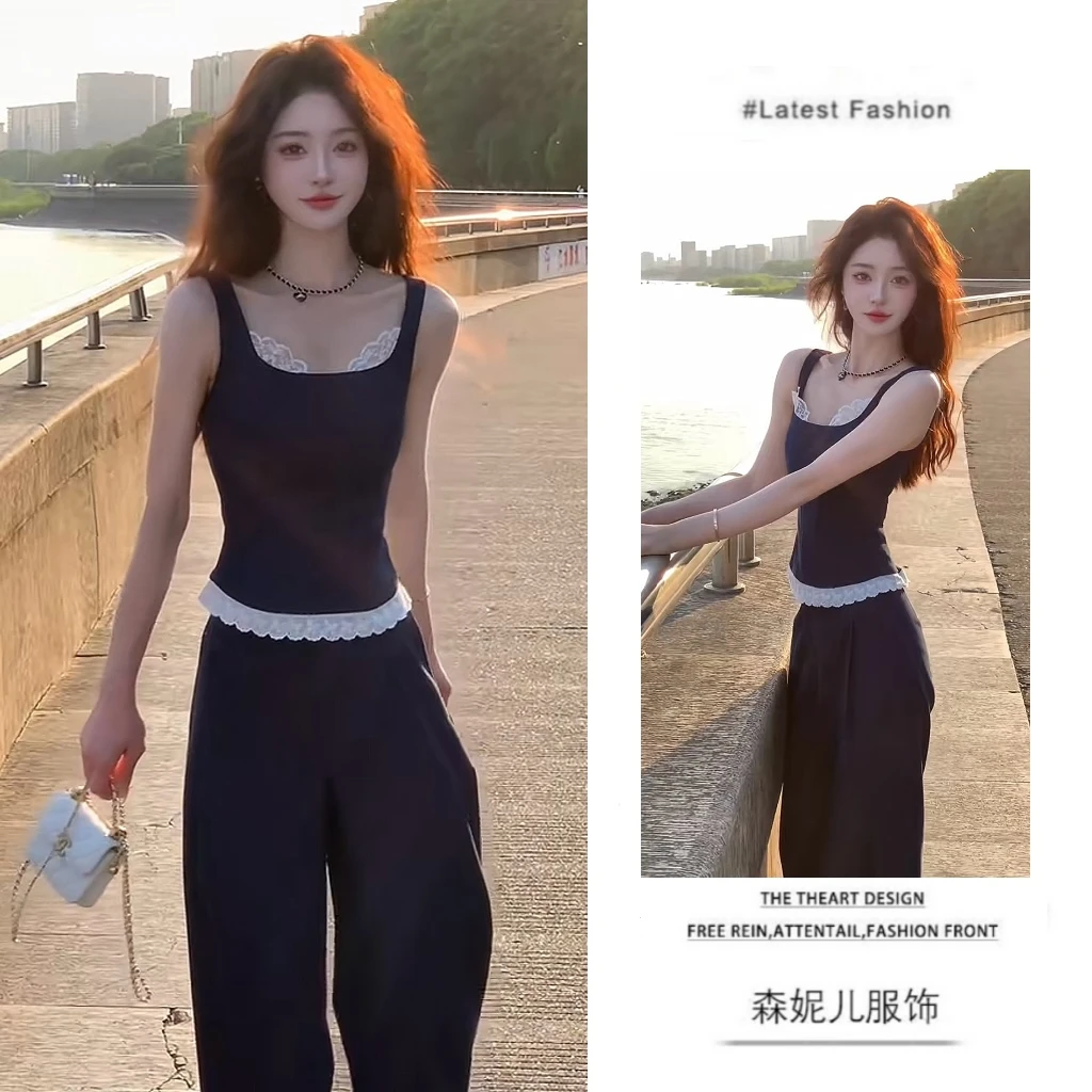 今年流行穿搭一整套2025新款设计感蕾丝边吊带背心阔腿裤两件套装