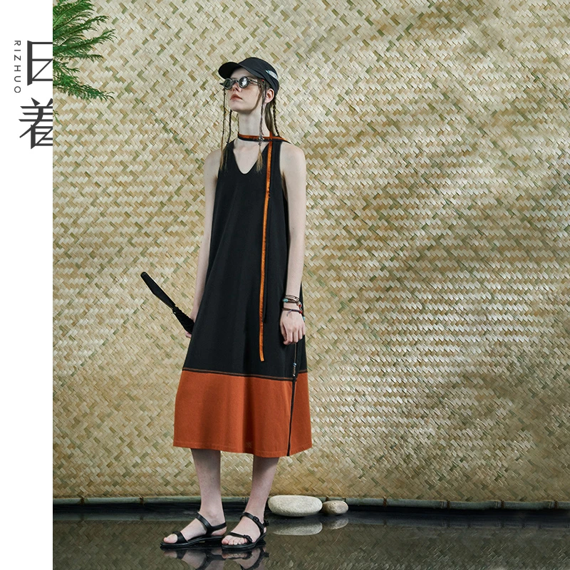 日着侠2025夏新款背心连衣裙民族感撞色拼接独特中长裙女RD2258L3