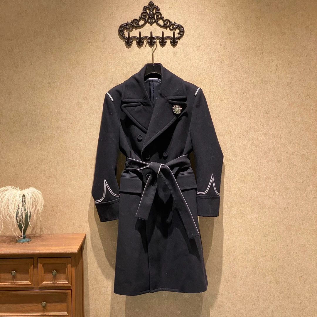 99新 DIOR/迪奥 藏蓝色秀款海军风双排扣羊毛大衣/48码/JM37839