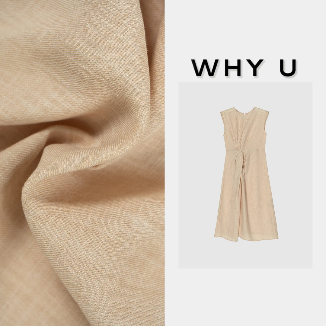 WHYU夏季新款极简风腰褶皱圆领杏色砍袖连衣裙【莲宜】25SS