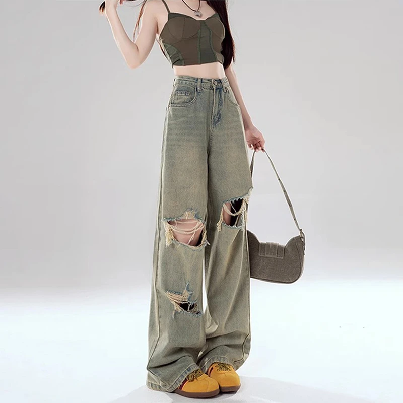 美式复古破洞阔腿牛仔裤女夏季新款设计感高腰显瘦垂感拖地直筒裤