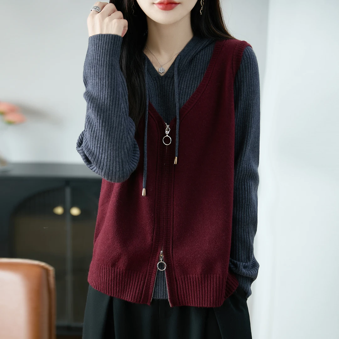 胖mm秋冬特大码连帽女士毛衣遮肚子显瘦假两件上衣内搭针织打底衫