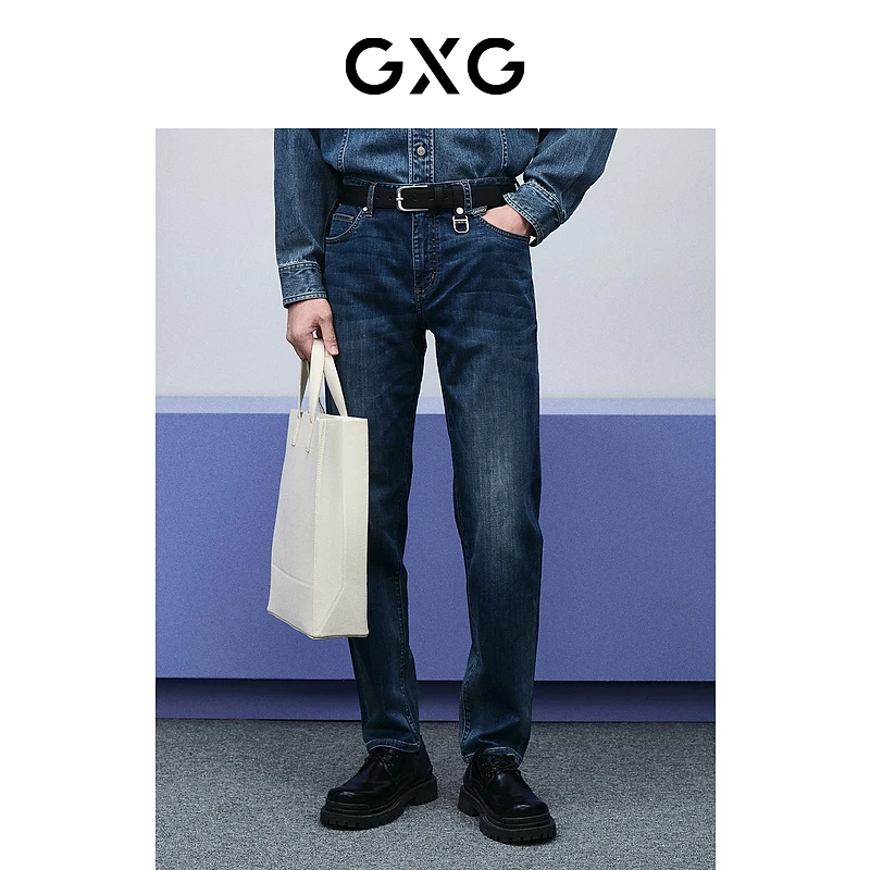 GXG男装 牛仔蓝水洗直筒牛仔裤宽松潮流休闲24年春季#GFX10500491
