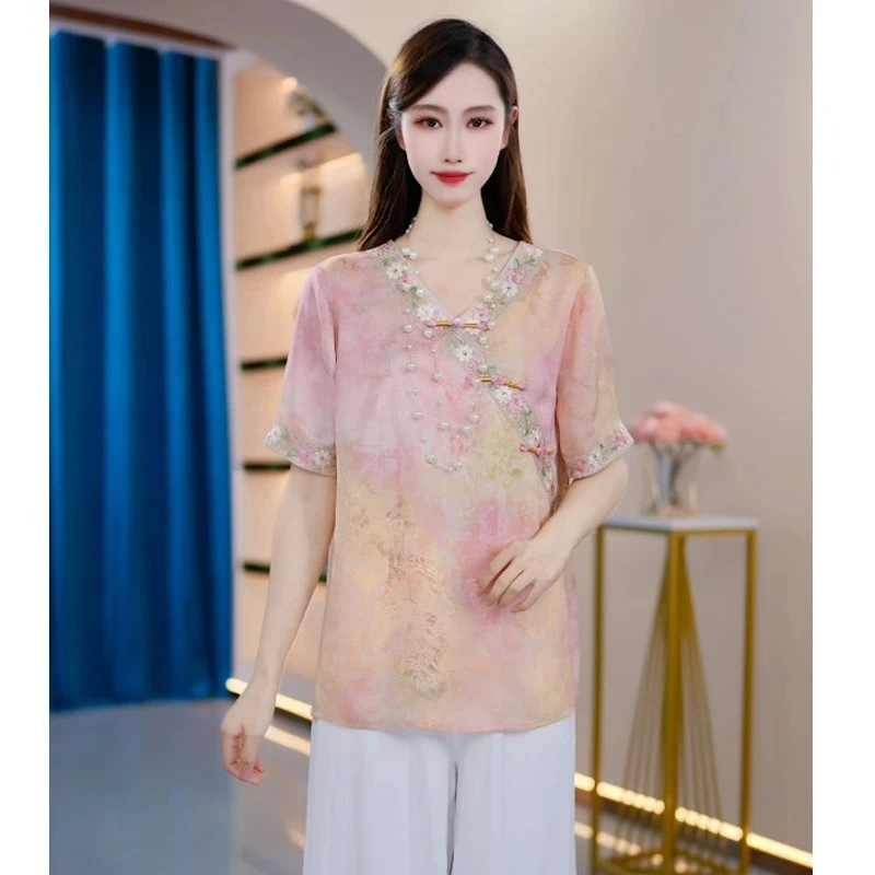 【柔丝】短袖提花套头新中式薄款宽松夏季女装文艺休闲中国风上衣