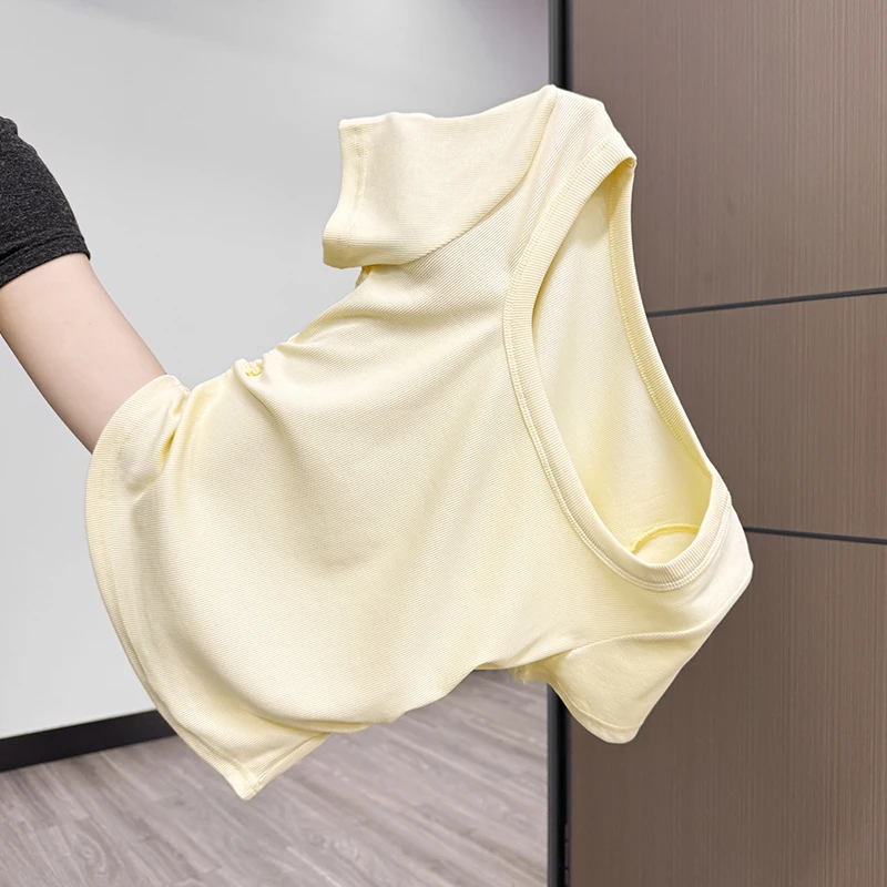奶油黄短袖t恤女夏季新款方领修身收腰显瘦短款正肩小个子上衣