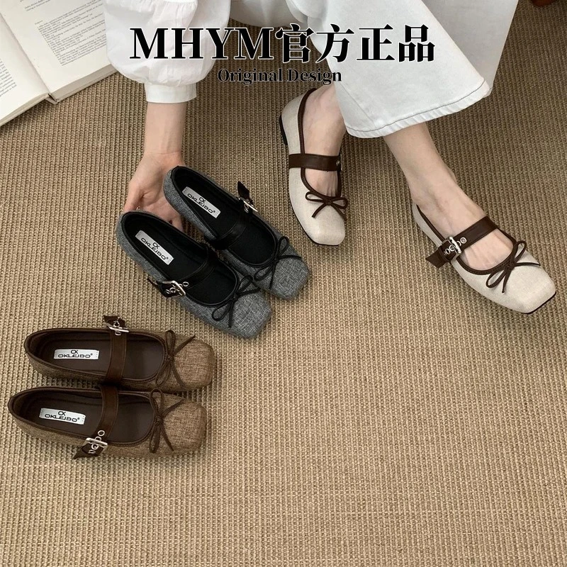 2025方头女鞋秋款平底蝴蝶结单鞋芭蕾舞鞋皮带扣韩版玛丽珍鞋