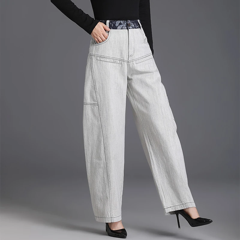 欧货软牛仔裤撞色设计感女裤浅色高腰直筒复古休闲灯笼裤长裤ins