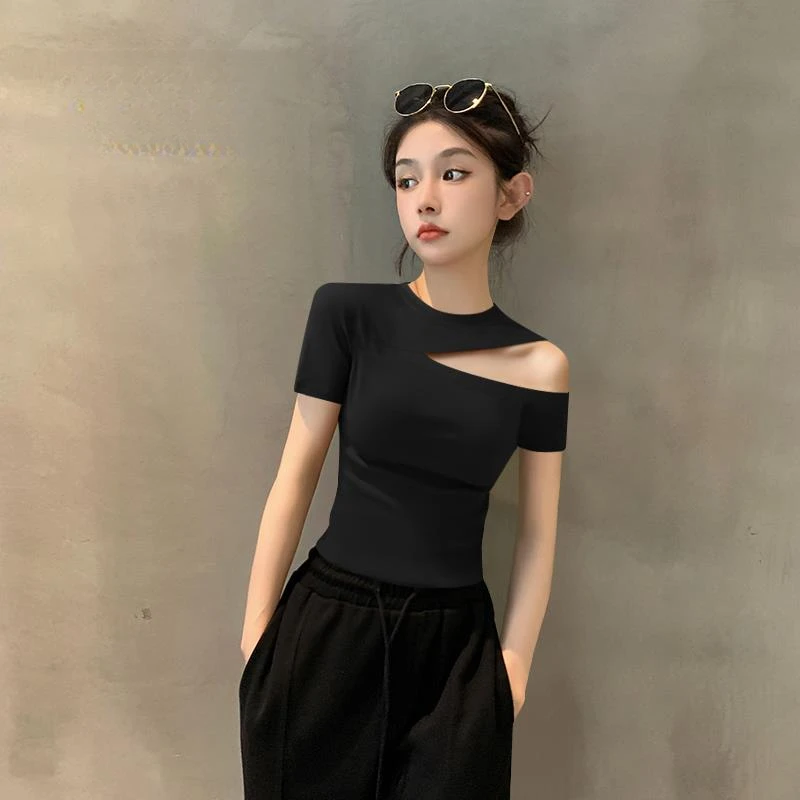 2025新款夏季黑色小高领短袖T恤女正肩半袖不规则修身紧身上衣服
