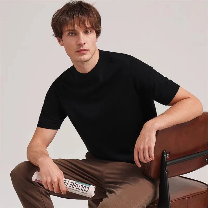 绅士高级感精梳棉休闲圆领黑色短袖T恤纯棉针织半袖25100（B14-4）