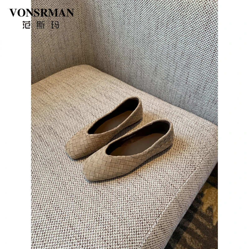 范斯玛皮编织方头小单鞋秋季2025新款覆古百搭浅口软底平底女鞋子