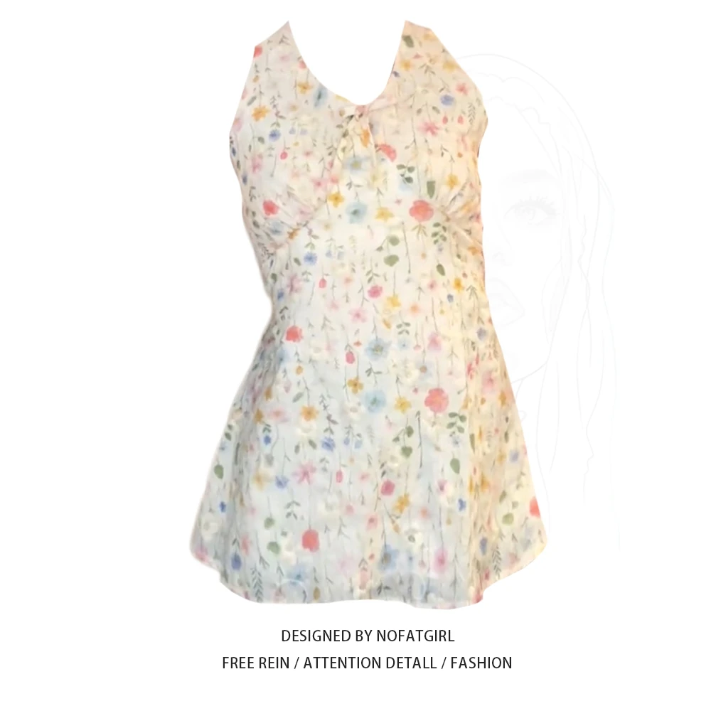 大码胖妹妹纯欲辣妹碎花挂脖吊带背心女夏季显瘦V领露背无袖上衣