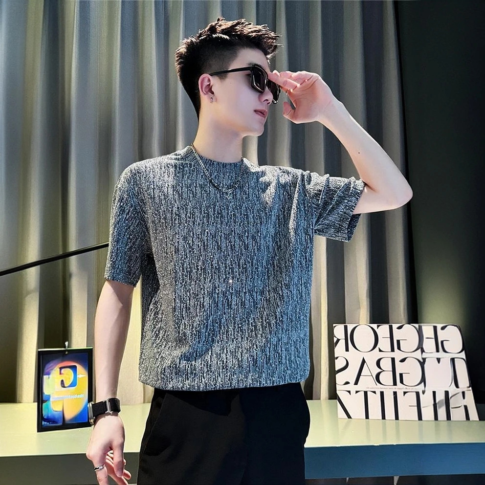 优桓满天星短袖男士夏季冰丝烫钻T恤新款青年夏装简约百搭款半袖