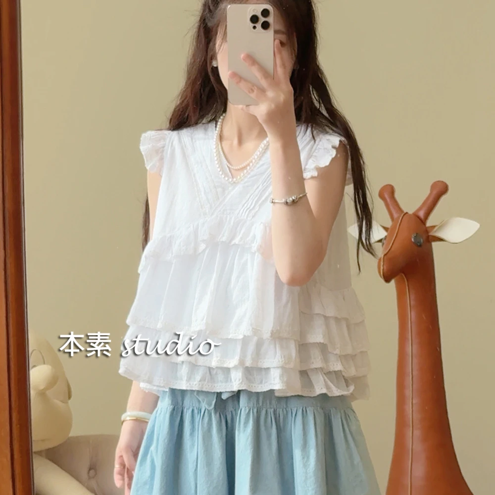 小可爱Y2849格纹提花蕾丝边风琴褶V领小飞袖衬衫