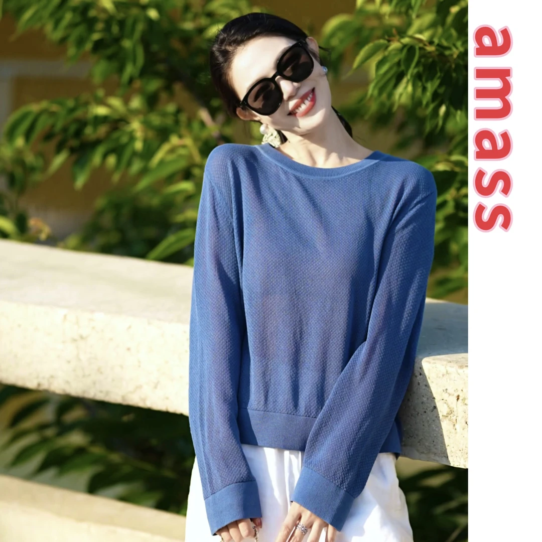 AMASS/阿玛施夏季新款针织圆领时尚百搭镂空长袖针织上衣/538002