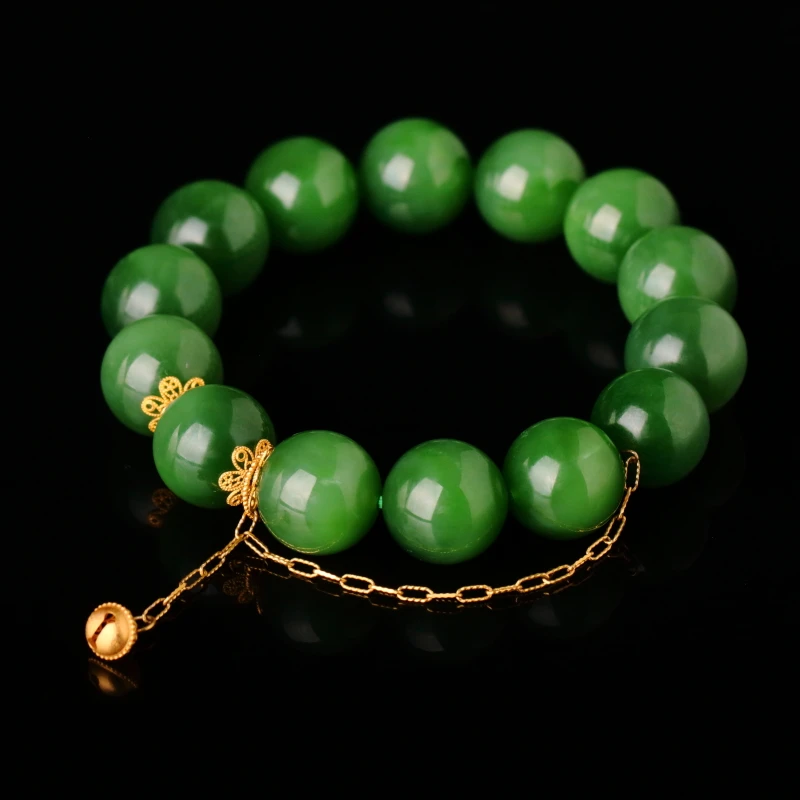 【泓贝珠宝-I967】18k金配饰和田玉老料碧玉冰绿猫眼手串NGTC国检证