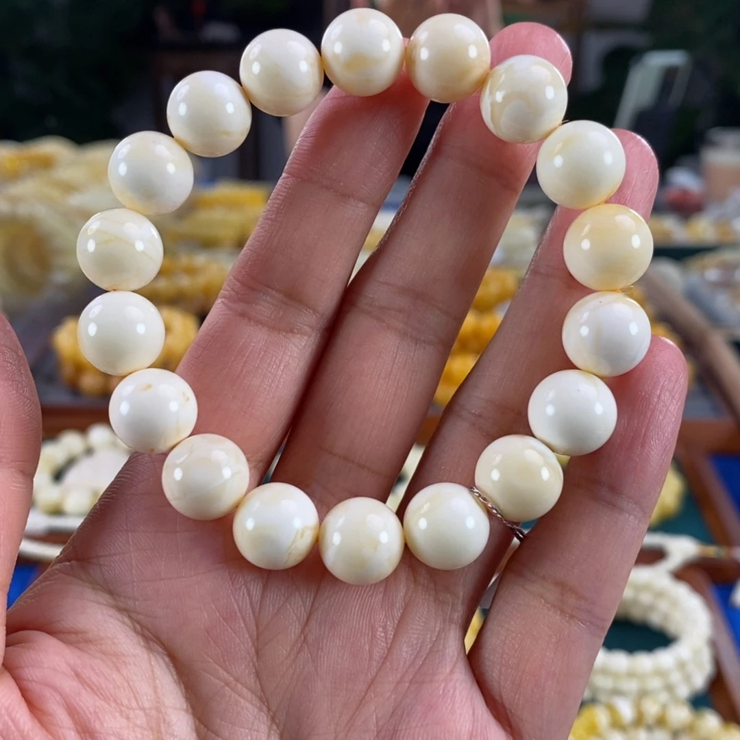 琥珀未镶嵌珠宝奇石11+瓷白圆珠15.5