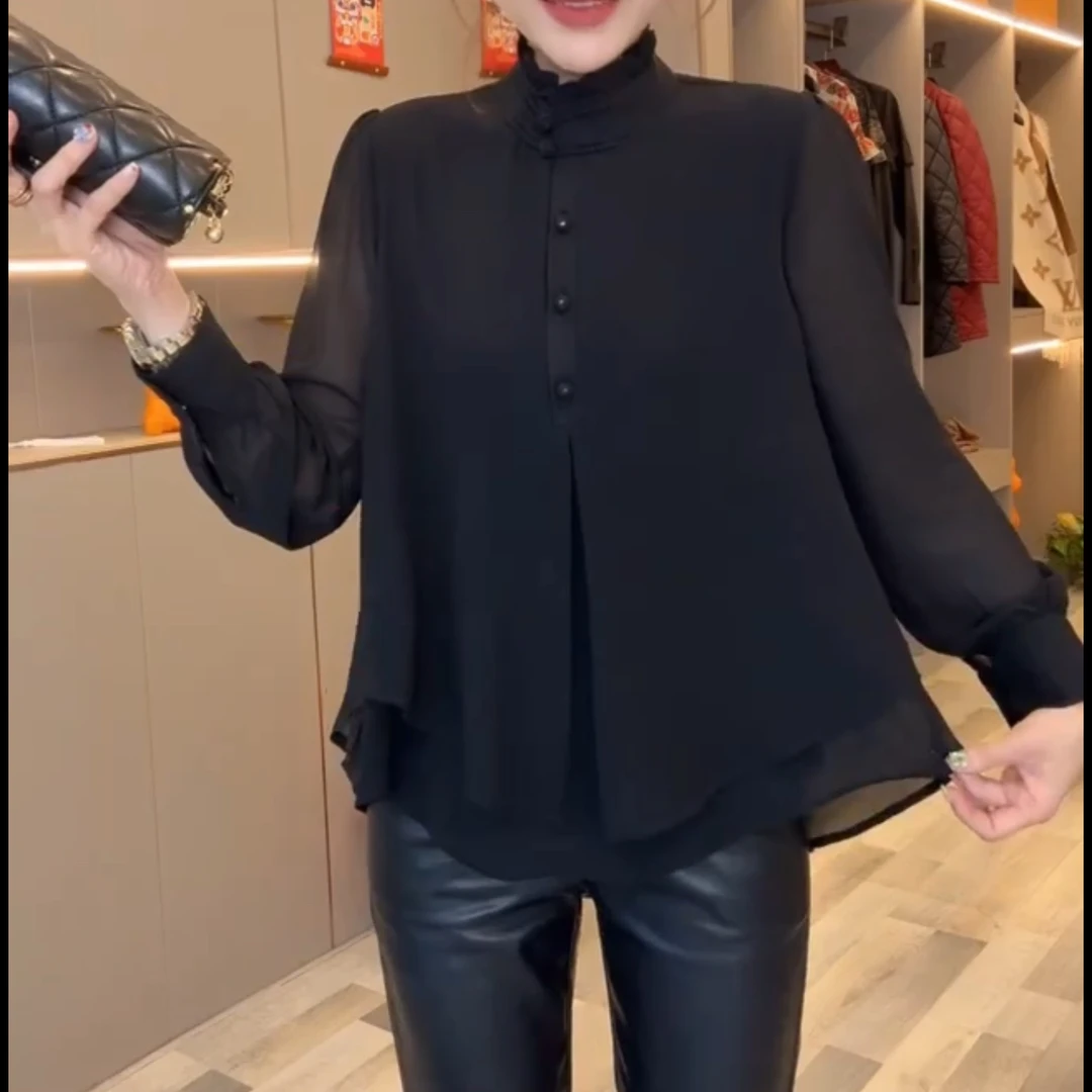 新款木耳领长袖衬衫时尚宽松显瘦气质上衣