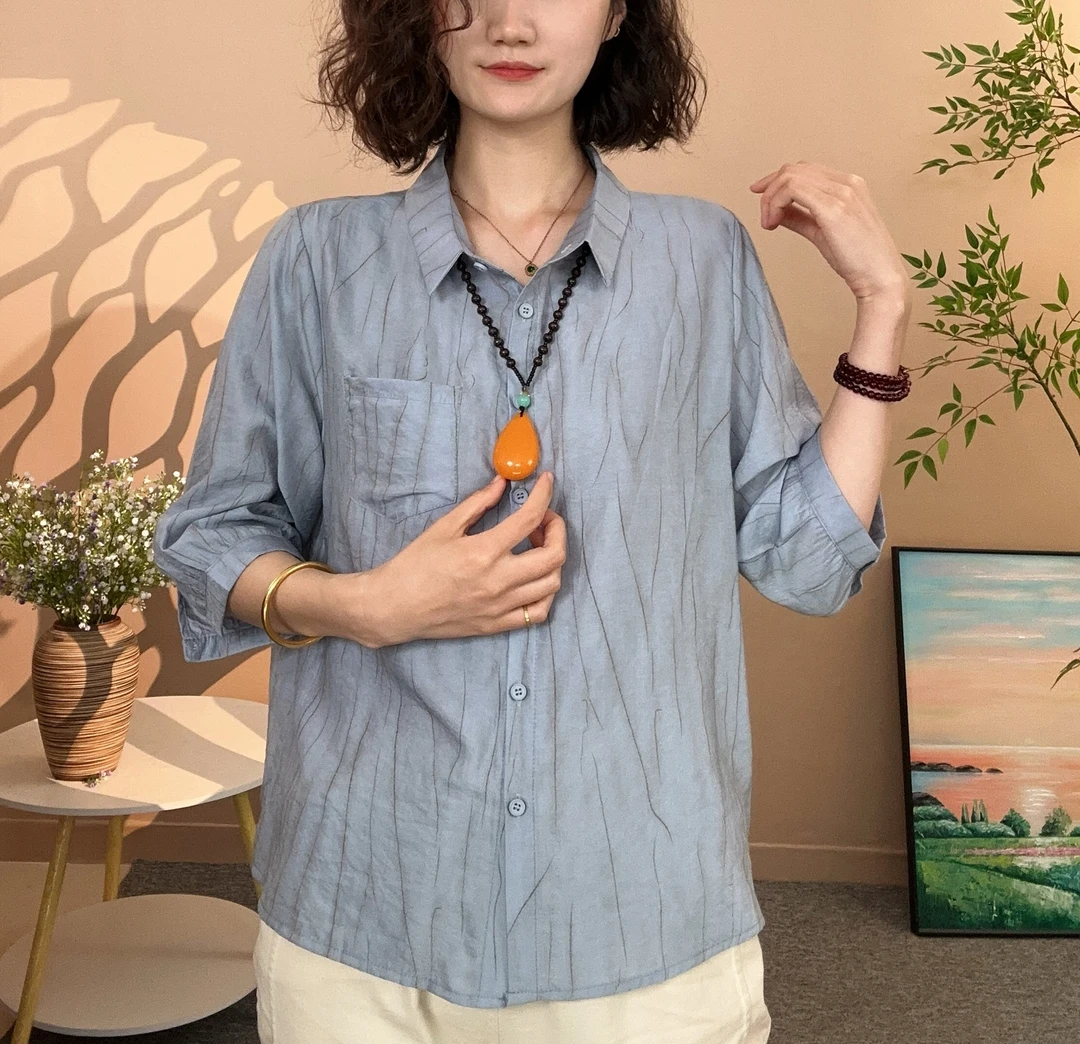 2025夏款衬衫简约大方七分袖显瘦妈妈装上衣