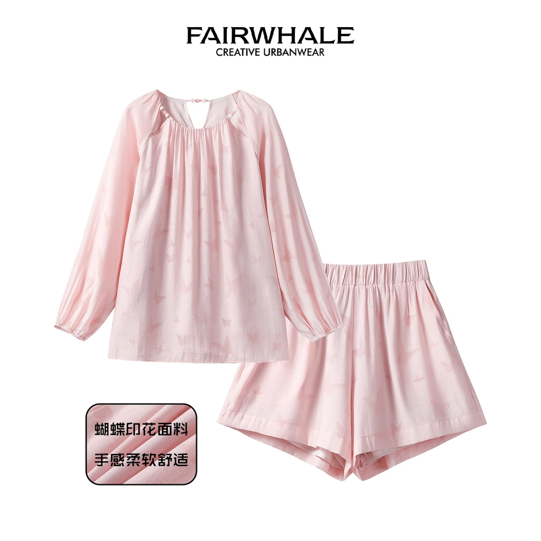 马克华菲复古休闲轻薄柔软亲肤薄纱蝴蝶上衣A字小短裤两件套套装