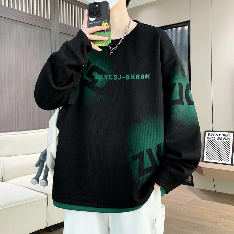春秋款撞色套头长袖t恤男潮牌宽松百搭卫衣青少年内搭打底长袖T恤