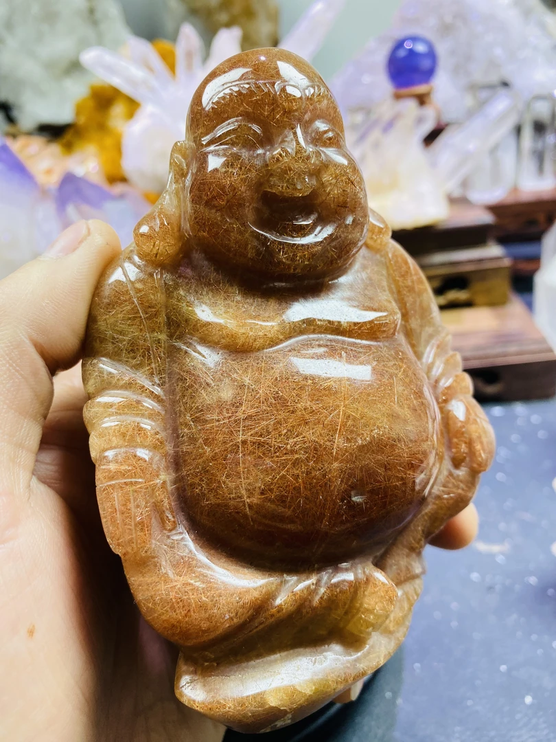 弥勒佛造型摆件 矿标中式玄关书房摆件桌面发晶满发笑口常开