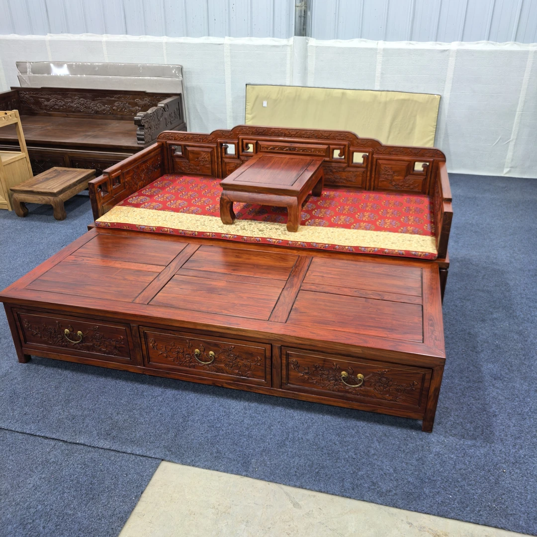 满雕实木老榆木榫卯结构推拉伸缩多功能罗汉床沙发榻