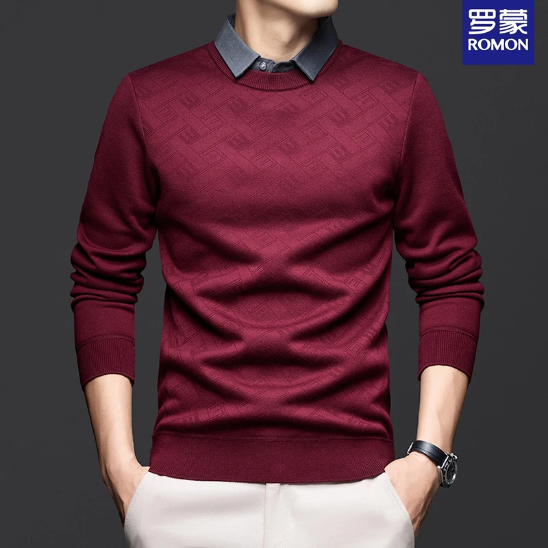 Romon/罗蒙【假两件】冬厚款毛衣男士商务休闲保暖D10
