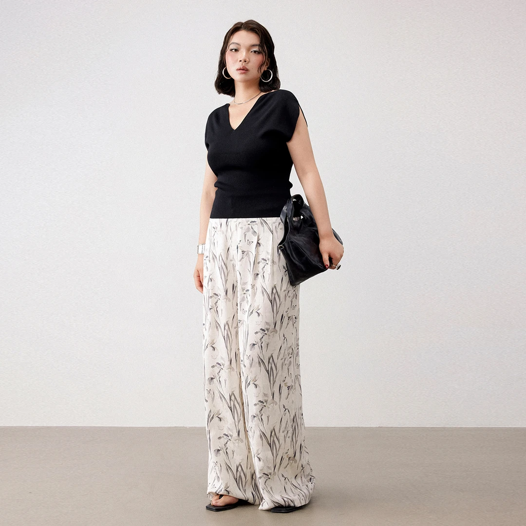 PLUSMALL 青花瓷长腿 新中式提花工笔画花卉直筒裤PLUS2505078