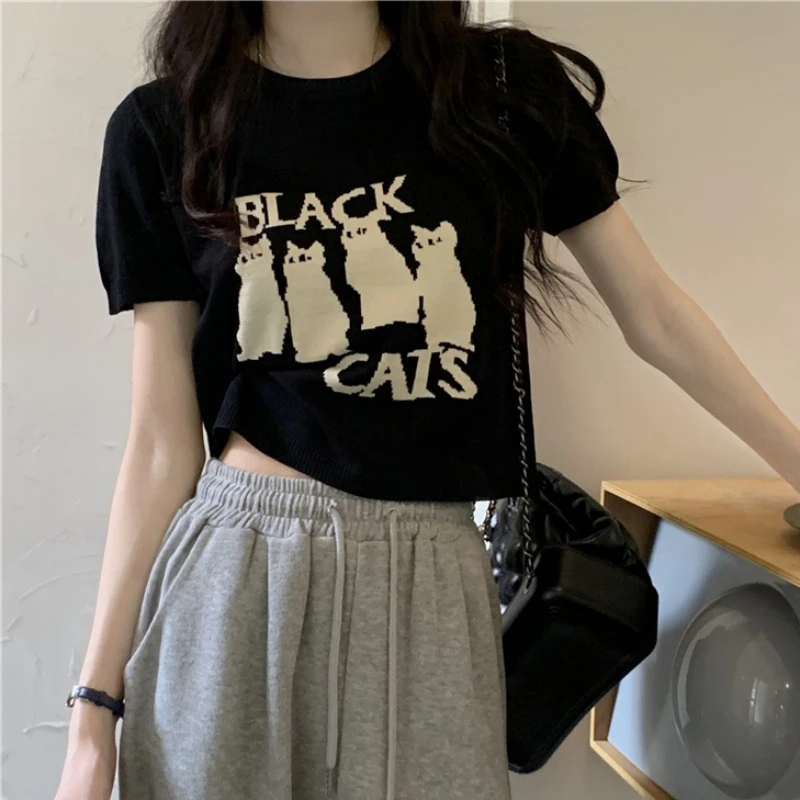 常规款夏季韩版宽松圆领短袖针织t恤女休闲打底衫上衣女装撞色