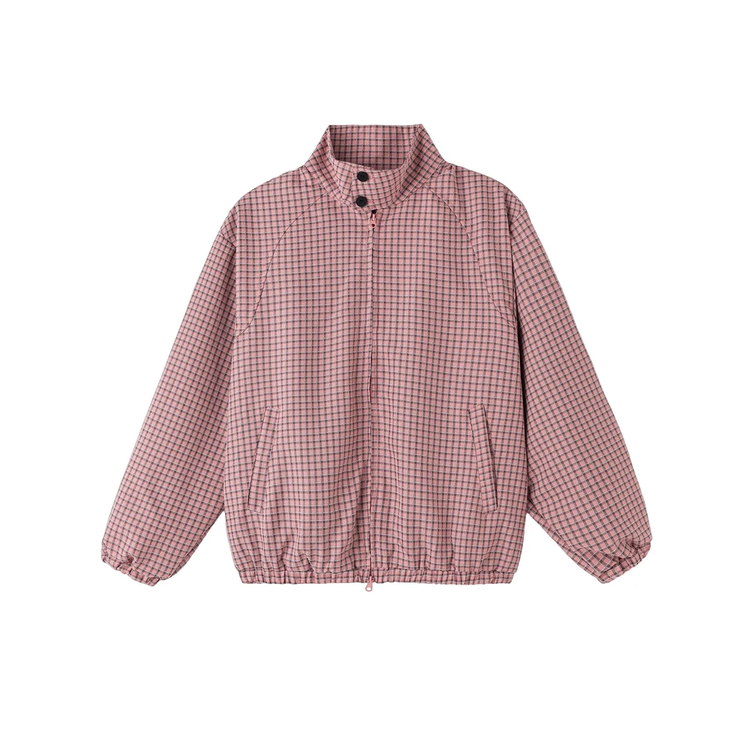 日系复古格纹外套秋翻立领宽松休闲工装黑白夹克情侣格子上衣