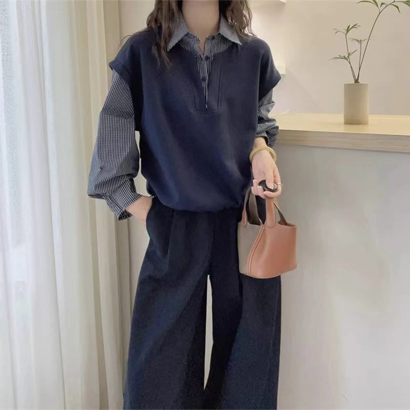 秋季大码女装胖MM独特漂亮假两件拼接格子长袖衬衫女宽松慵懒上衣