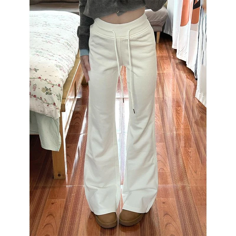 白色微喇叭运动休闲裤女冬季新款抽绳修身阔腿显瘦百搭直筒长裤子
