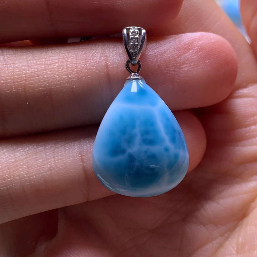 针钠钙石（海纹石）银S925镶嵌吊坠(不含链)水滴吊坠色差略异