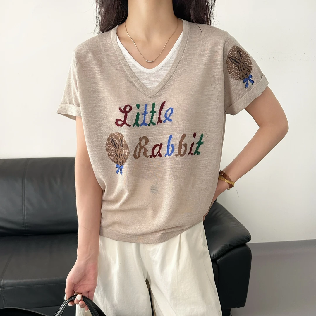 5115【清爽竹节麻】彩色字母慵懒风夏季竹节亚麻简约撞色假两件短袖