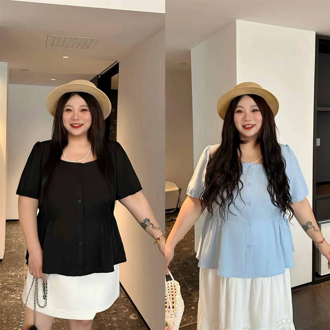 断码捡漏H蜜桃软风 / 设计感甜美纯欲短袖衬衫18257花契大码200斤