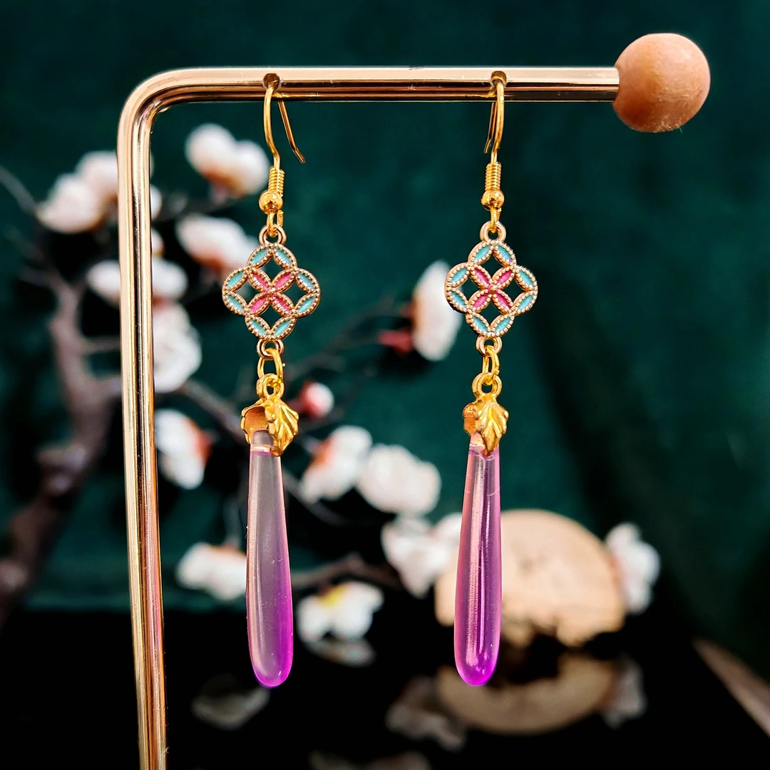 合金耳饰 多吉米紫梦庭复古新中式紫色耳环耳夹配汉服旗袍