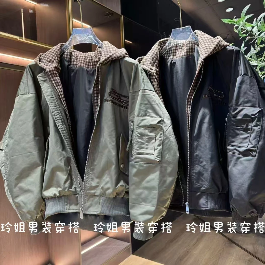 2025秋季新款重磅飞行外套男棒球服连帽格子拼接时尚潮流刺绣夹克