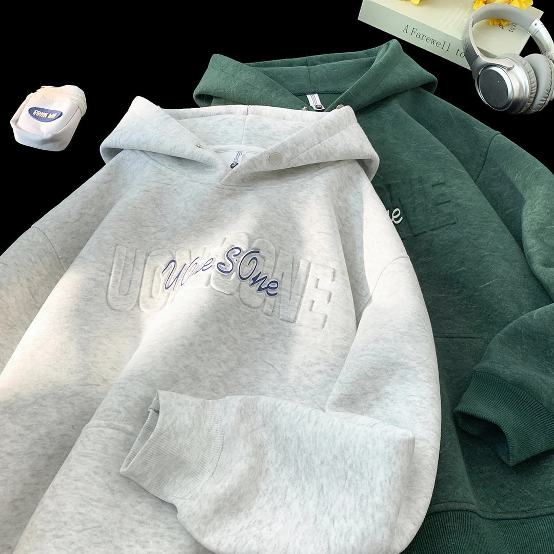 美式重磅钢印砂洗做旧连帽卫衣男秋季新款宽松大码高街情侣装衣服