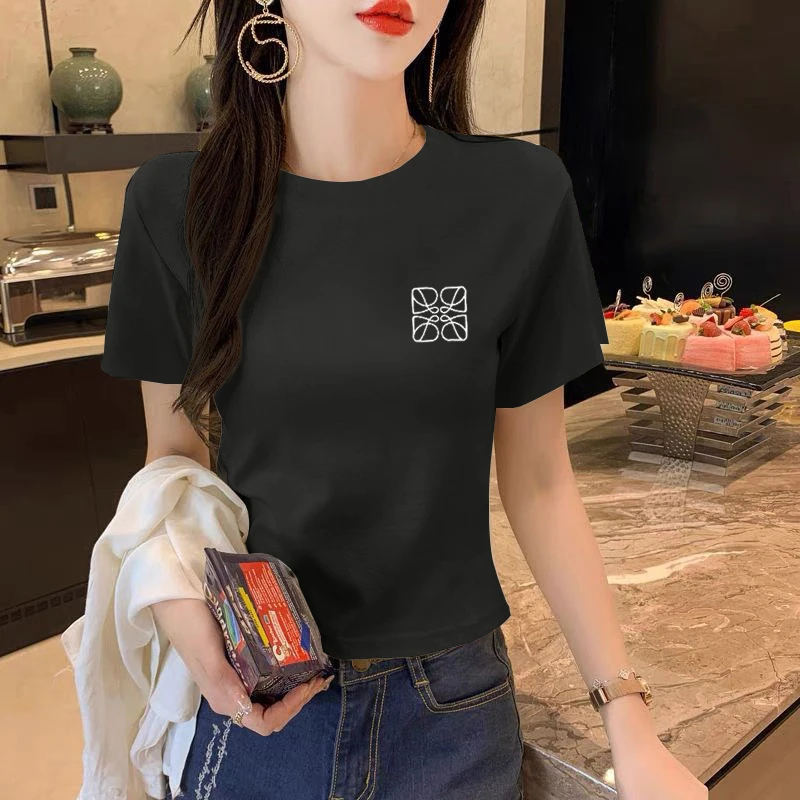 正肩短袖t恤女夏季韩版修身显瘦大码体恤衫小众印花圆领打底上衣