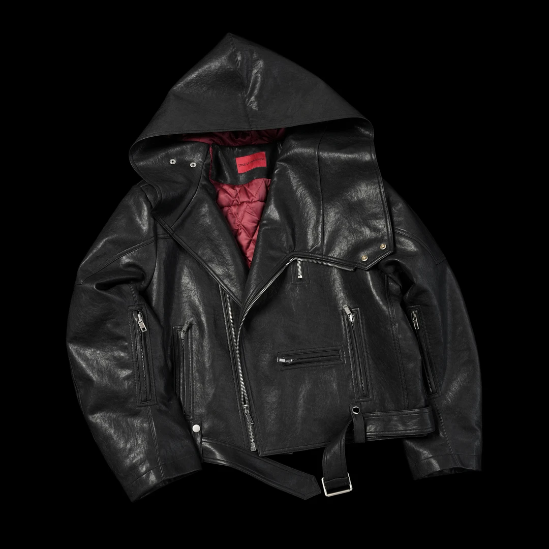 EODUP「吸血鬼」重磅翻领3M暖绒 短宽立裁连帽暗黑油蜡皮夹棉外套