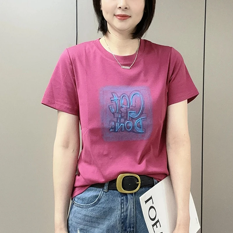 高含棉简约圆领短袖t恤女2026夏季新款韩版洋气减龄显瘦印花上衣