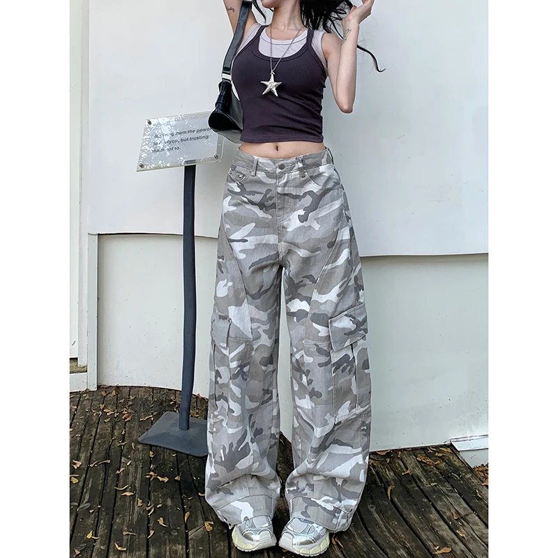 美式高街白灰迷彩阔腿牛仔裤女2025冬季新款宽松显瘦多口袋弯刀裤