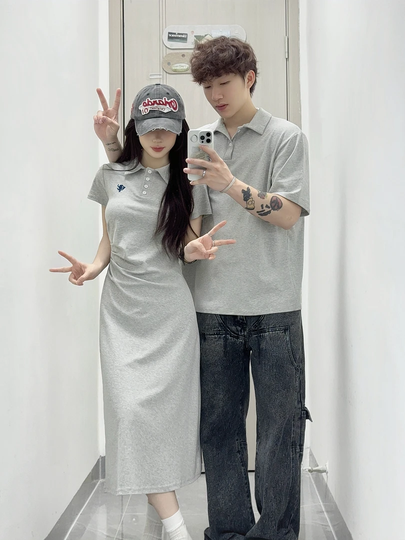 情侣装夏季小众设计感辣妹风收腰褶皱女连衣裙男POLO衫一裙一衣潮
