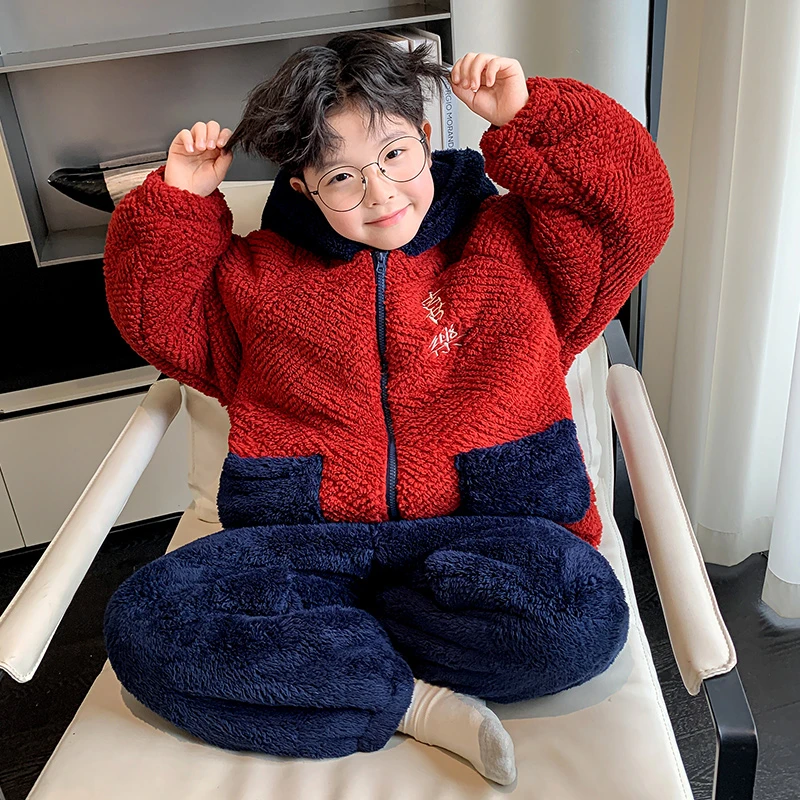 男童珊瑚绒睡衣冬季2024新款冬装男孩加厚儿童红色过年家居服套装