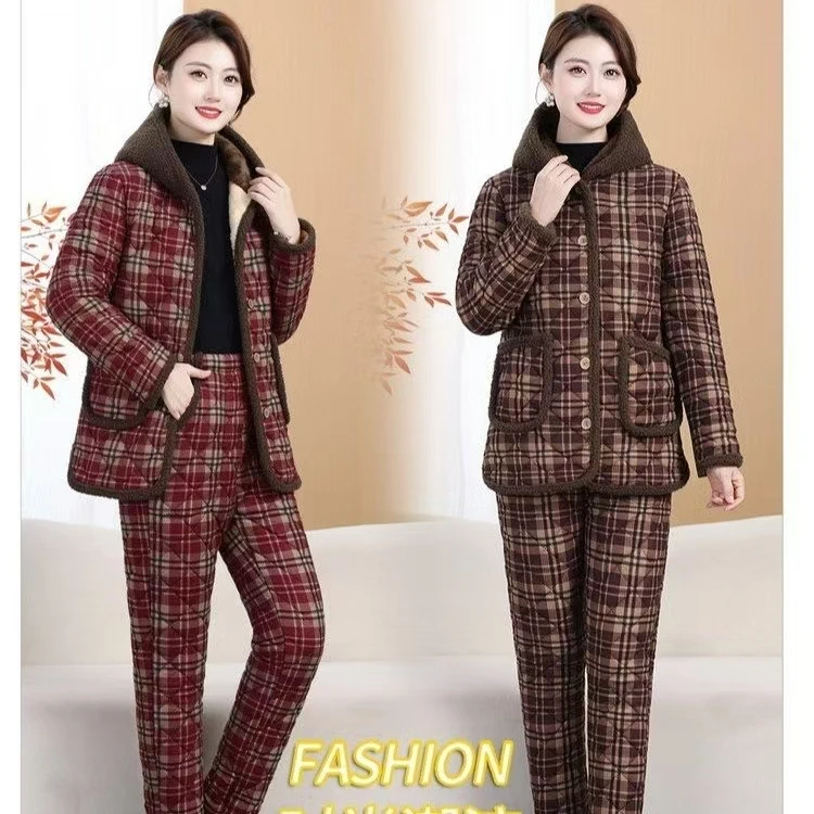 冬季新款连帽加厚加绒保暖棉衣套装女显瘦两件套